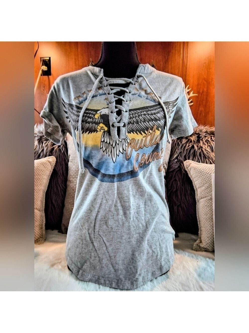 Freeze Gray Eagle Graphic Lace Up Tee